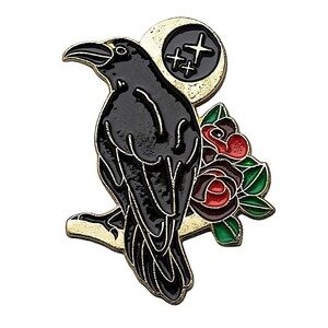 Celestial Black Crow on Branch W/ Gold Moon & Red Rose Enamel Pin Brooch